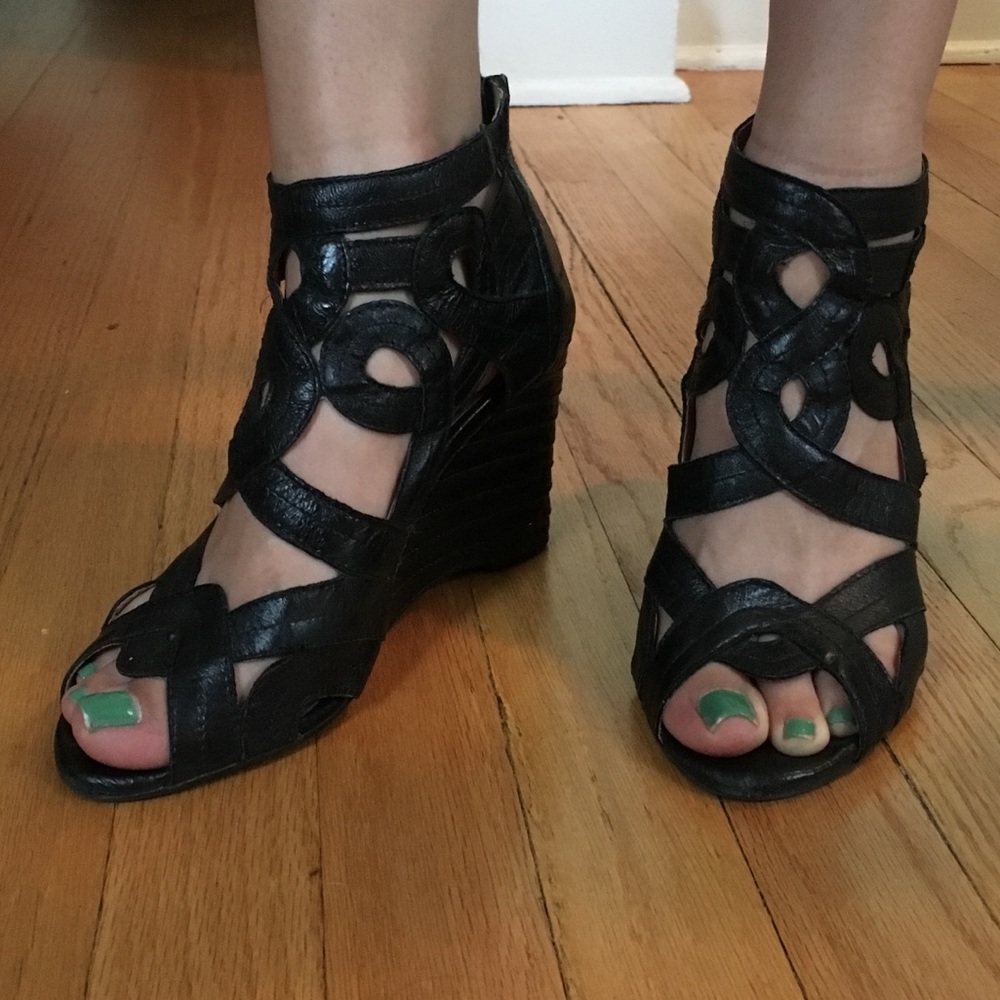 Miz Mooz Caged Black Leather Wedges